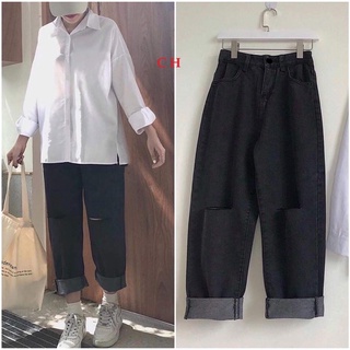 Sét áo sơ mi xẻ tà + quần bò ống rộng rách gối COP977