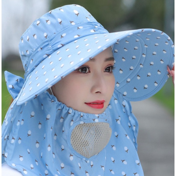 Mũ nón chống nắng hoa rộng vành che mặt khẩu trang 2 lớp thời trang, gọn nhẹ rễ mang theo