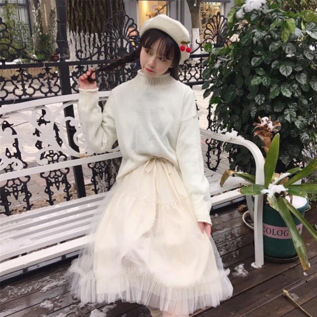 Chân Váy Xoè Dài Kiểu Lolita Công Chúa Xinh Xắn Voan Lưới Nữ Trắng Đen DRCV02