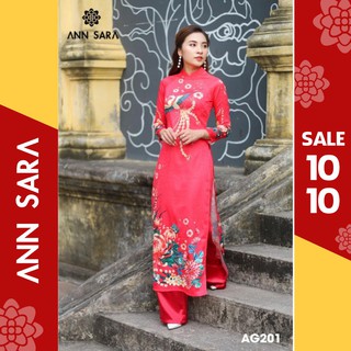 AG201 - Áo dài gấm đỏ hoa cúc ANN SARA