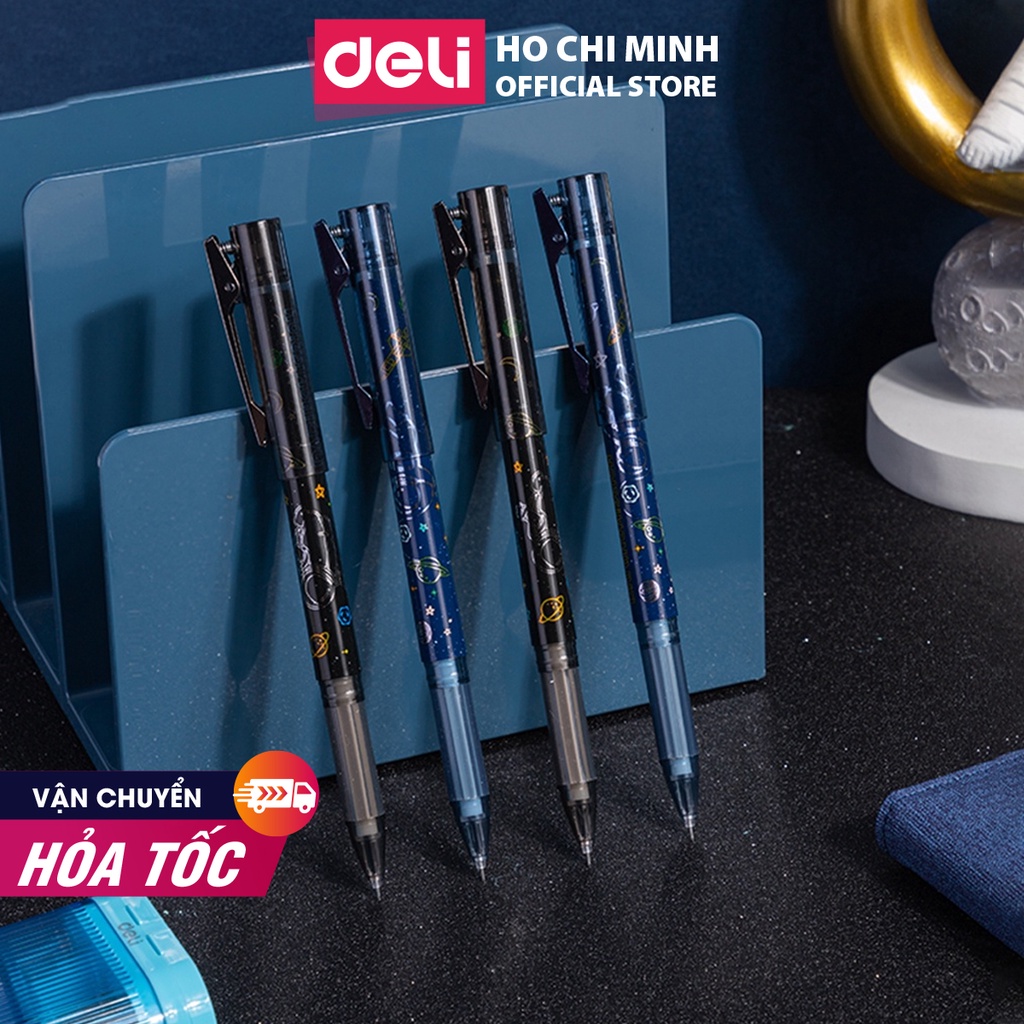 Bút bi nước mực gel học sinh ngòi 0.5mm Deli có kẹp kim loại cute phi hành gia austronut mực đen học sinh văn phòng A614