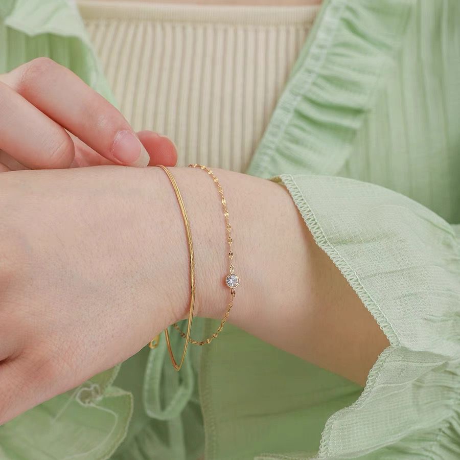 Vòng Tay Hai Lớp Bằng Thép Titan Đính Kim Cương Đơn Giản Không Phai Màu Thời Trang