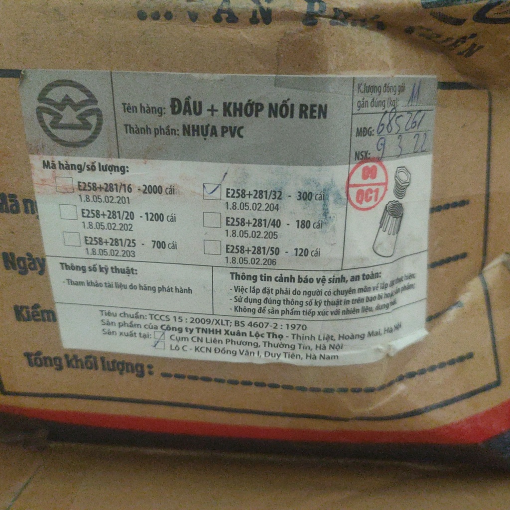Đầu + Khớp nối ren ống D32 Sino E258+281/32