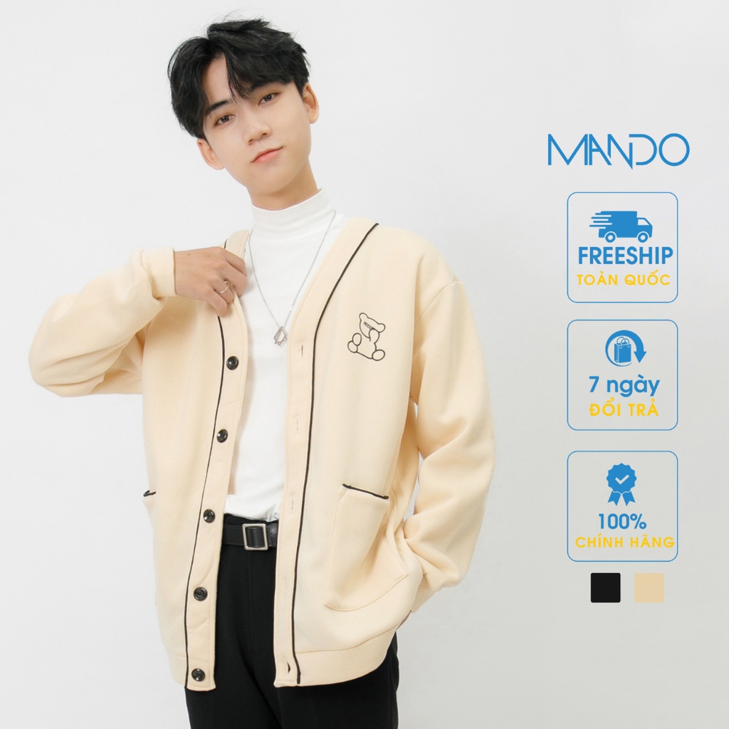 Áo Khoác Cardigan Nam MANDO Trơn Dài Tay Nỉ Trần Bông Cao Cấp Form Rộng Basic Unisex Thời Trang Hàn Quốc NDN077 - Hàng m