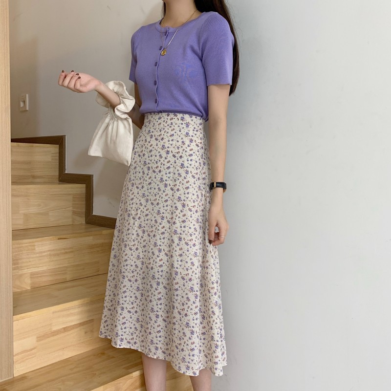 Chân váy Midi dài Voan hoa nhí Lưng cao Dáng chữ A Ulzzang Hàn Quốc Chân váy Voan hoa Midi dài Cạp cao Thời trang | BigBuy360 - bigbuy360.vn