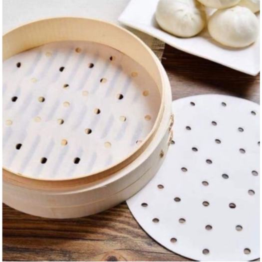 tập 100 giấy nến lót bánh đục lỗ dùng hình tròn đường kính 20 cm dùng cho nồi chiên không dầu, hấp bánh bao