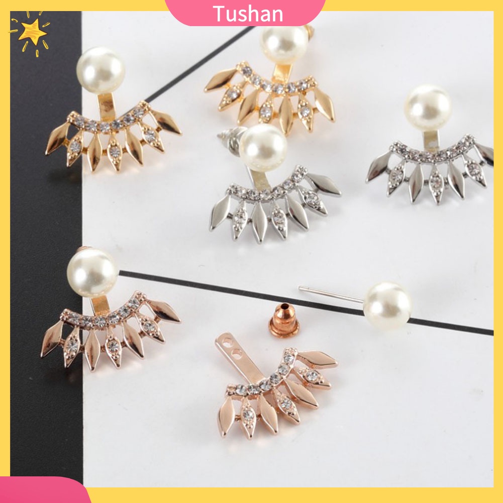TUSH_Fashion Women Rhinestone Faux Pearl Fan Shape Ear Jackets Earrings Jewelry Gift
