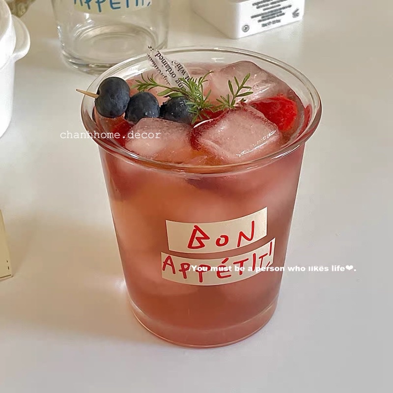 Ly cốc thuỷ tinh trong suốt in chữ Bon 300ml phong cách chữ Pháp chịu nhiệt sôi dùng uống nước bữa ăn |Chanhhome.decor|