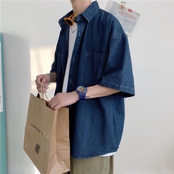 Áo sơ mi nam form rộng tay lỡ chất jean màu xanh đậm phong cách Hàn Quốc hà nội hcm