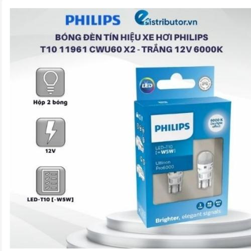 Bóng Đèn Tín Hiệu Xe Hơi Philips T10 11961 CWU60 X2 - Trắng 12V 6000k ( Hàng chính hãng )