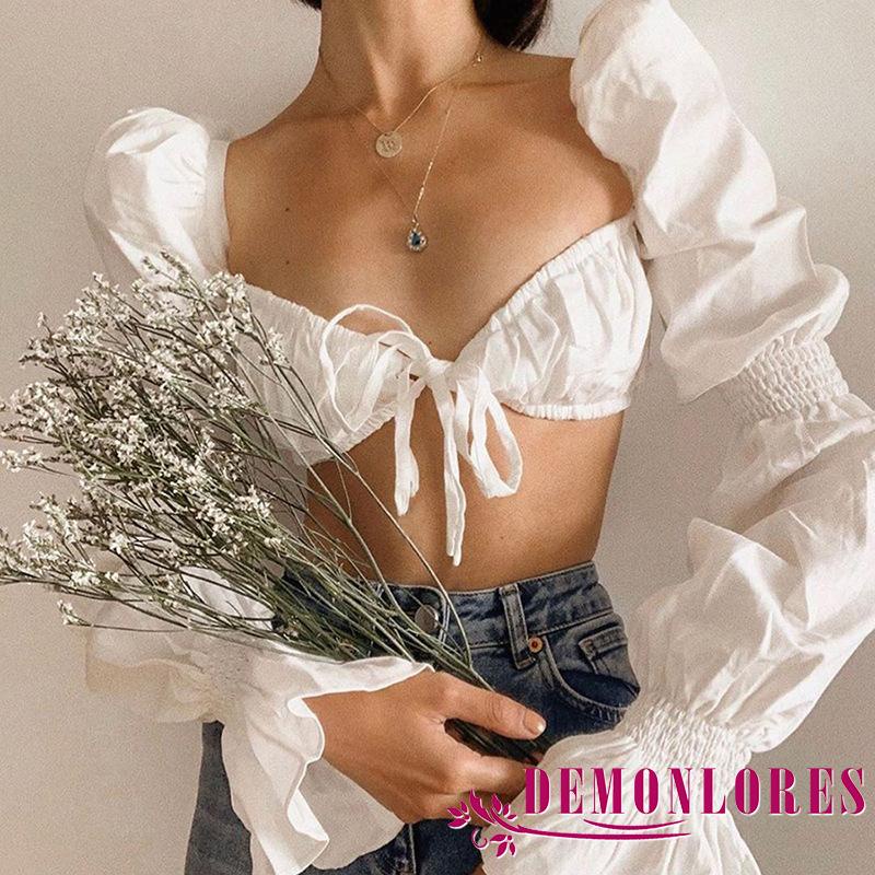 Áo Croptop Ôm Dáng Tay Dài Phồng Cổ Khoét Sâu Màu Trơn Gợi Cảm Cho Nữ