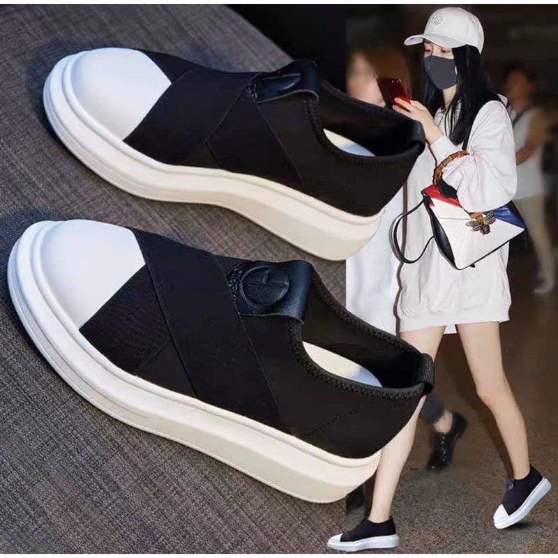 (Big Sales} GIÀY SLIP ON NỮ ĐẾ CAO QUAI CHÉO CHUN X (Giày Slip on đế trắng)