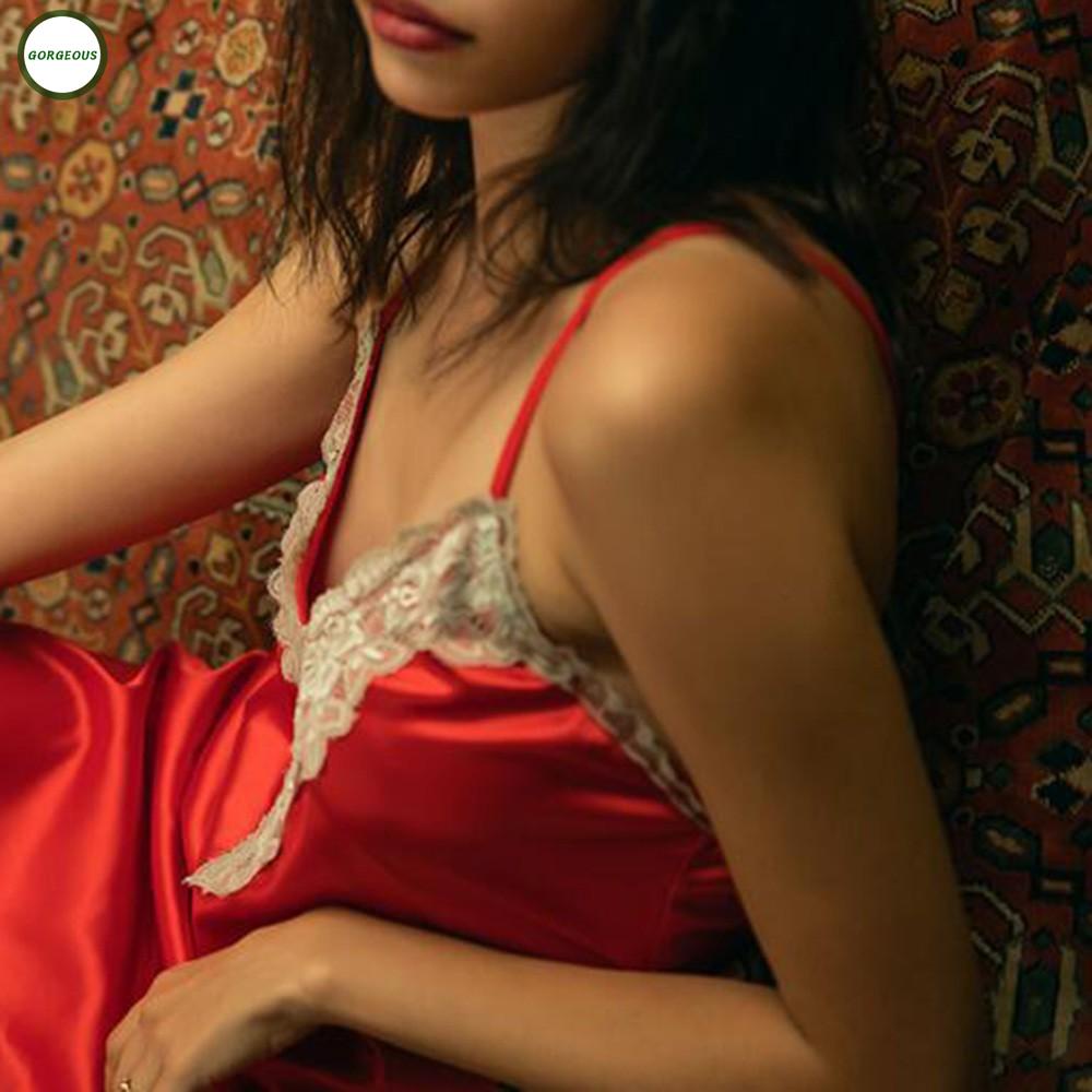 Đầm ngủ dài cổ chữ V bằng lụa phối ren thoáng khí thoải mái cho nữ
 | BigBuy360 - bigbuy360.vn