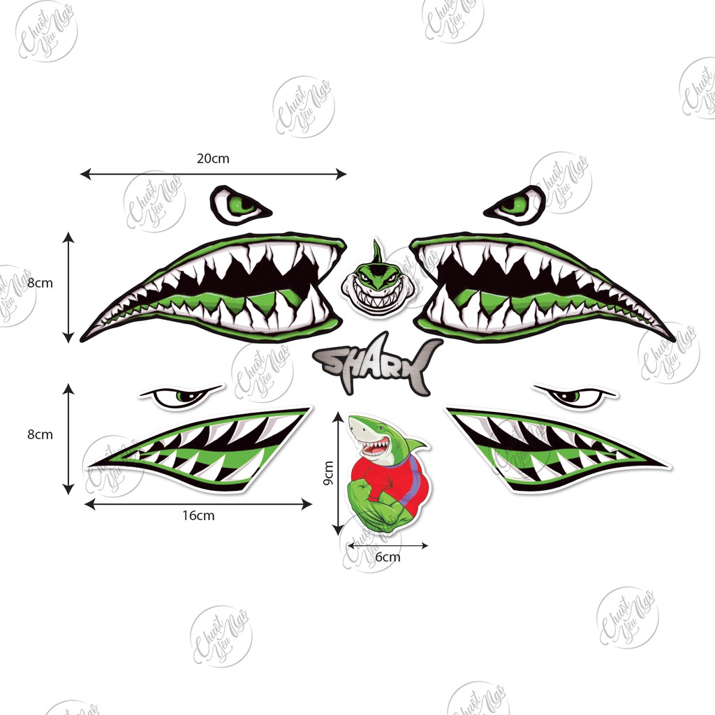 BigShark - Bộ tem hàm cá mập nhám nhiều màu decal chống nước dán xe laptop