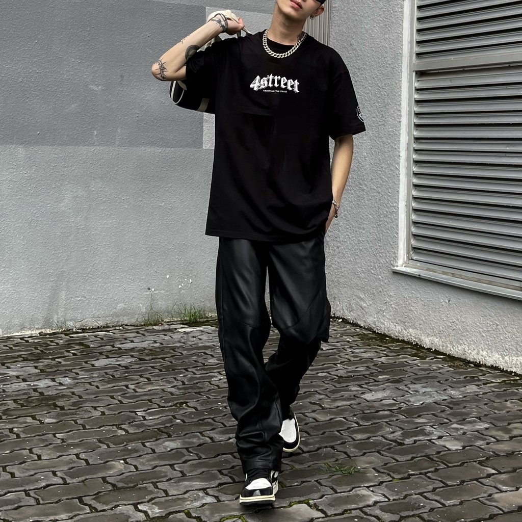 Áo thun tay lỡ nam nữ unisex, phông form rộng oversize 100% Cotton đen 4ST-T03 4Street