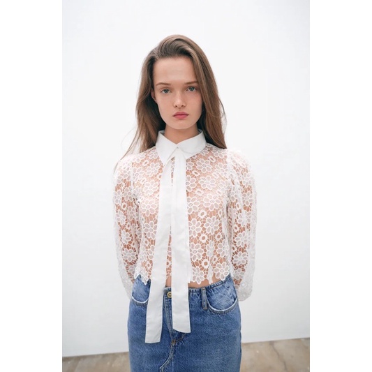 Sơ mi ren hoa trắng Zara size XL (form nhỏ) chính hãng giật tag