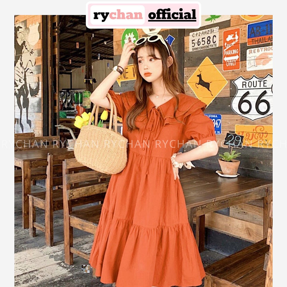 [ẢNH THẬT CUỐI] Đầm Xòe Babydoll Cam Nhún Tầng Nơ Cổ - DX894