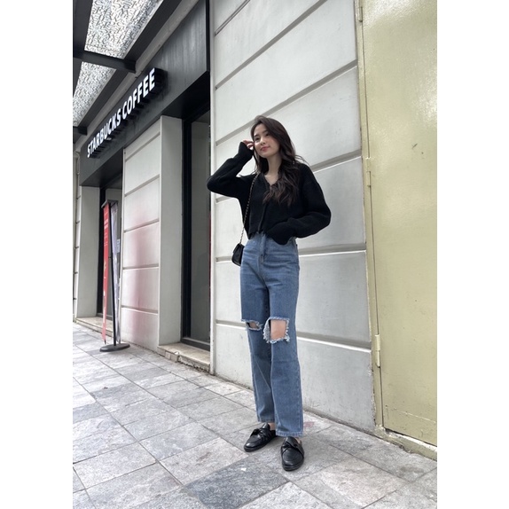 Quần jeans rách 2 gối xanh đậm