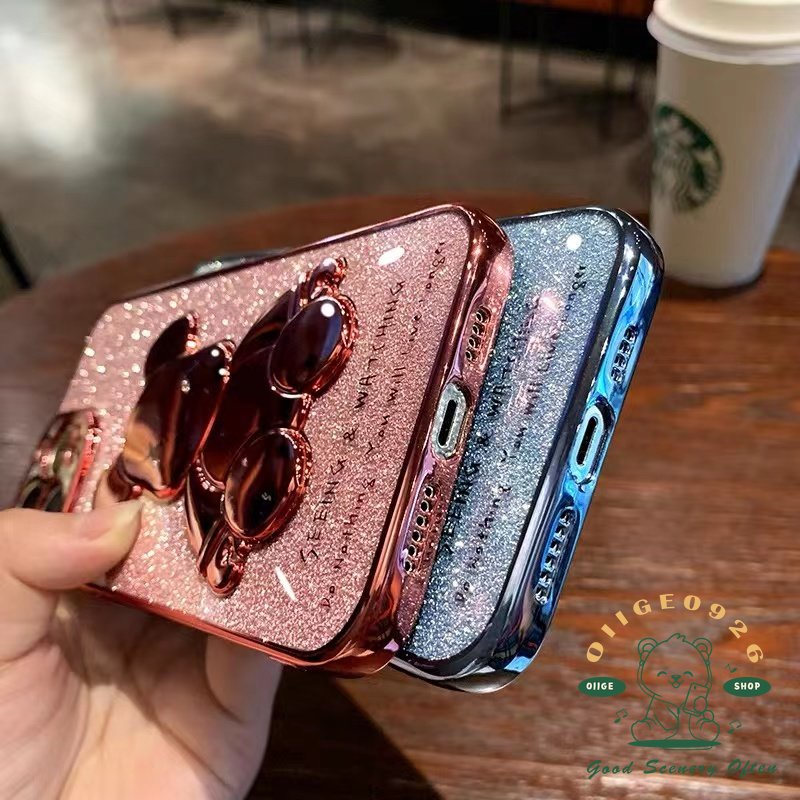 New purple electroplating violence bear Case Iphone 14 / 13 / 12 11 Proamx TPU Full soft shell with glitter card