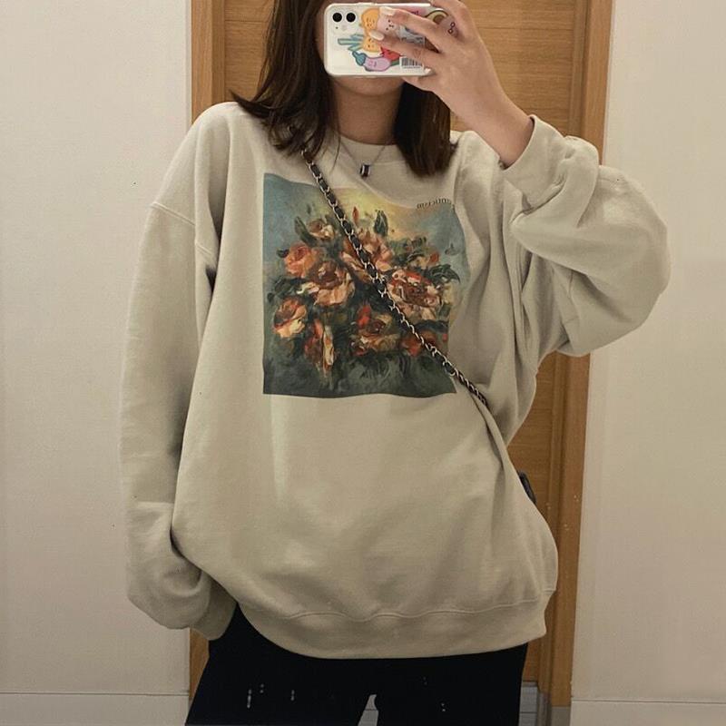 Porozi  Áo Sweater Tay Dài Lót Nhung In Họa Tiết Phong Cách Retro Hàn Quốc