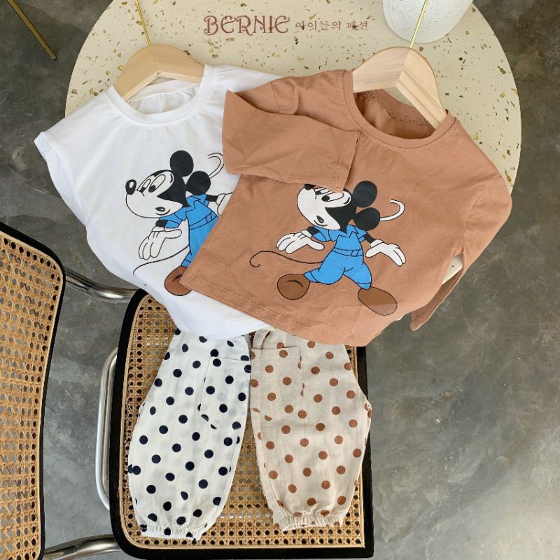 Bộ cotton dài tay thu đông họa tiết Micky, set áo thun quần dài bé gái