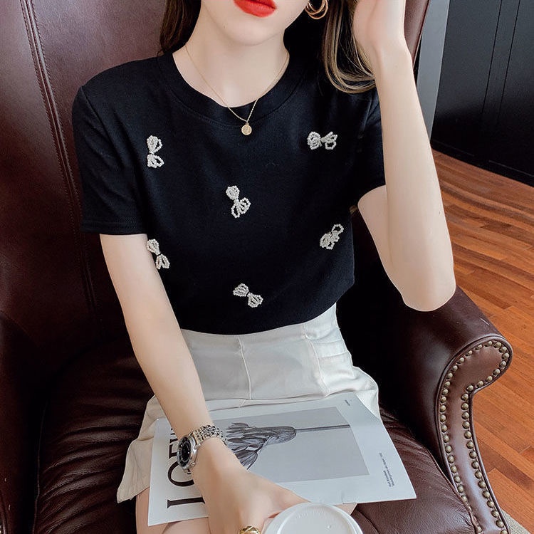 Áo thun nữ BH tay ngắn cổ tròn đính hạt cườm phong cách Hàn Quốc