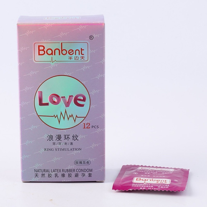 Bao cao su BANBENT Love Ring stimulation 001 gân sóng, nhiều gel, hương hoa, Hộp 12 bcs