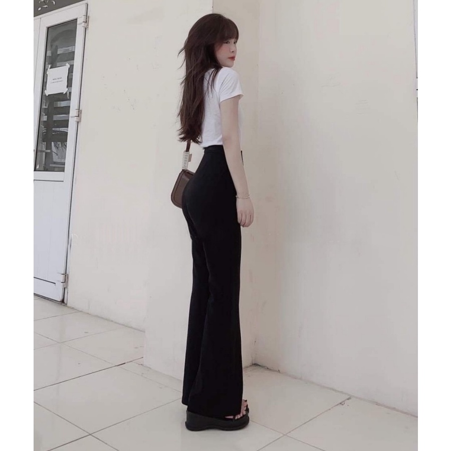 Quần ống loe cạp cao tôn dáng dài 1 cúc màu đen nâu vải tuyết mưa khóa kéo - Quần tây ống loe lưng cao nữ đi học công sở