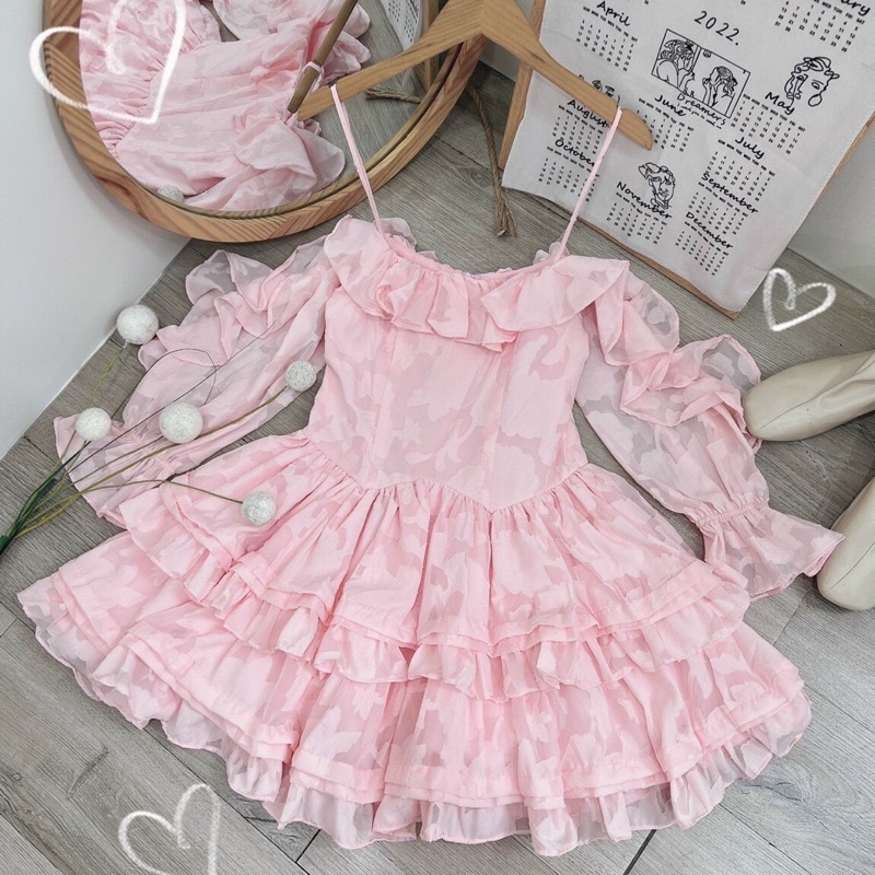 Đầm gấm bèo viền ren bẹt vai tay dài siêu xinh hàng cao cấp,váy nữ thời trang chất siêu xịn mịn
