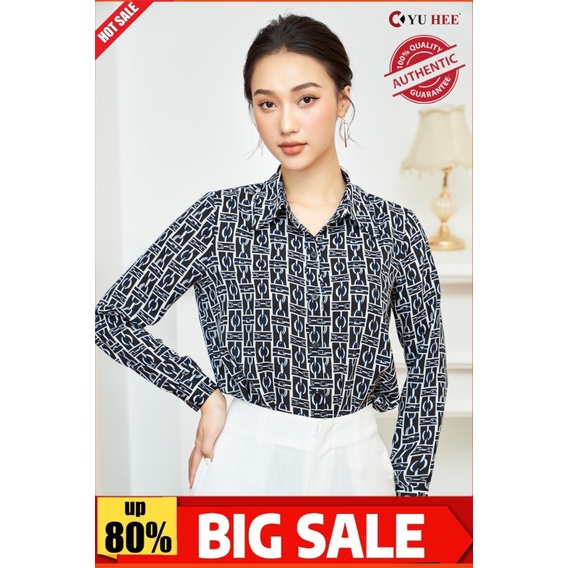 Áo thiết kế sơ mi hoạ tiết đen trắng tay dài cổ đức;cao cấp YuHee