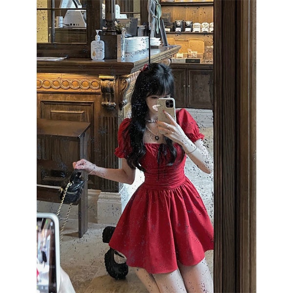 French square-necked tie dress female summer retro spicy girl temperament small red skirt bubble sleeve princess skirt