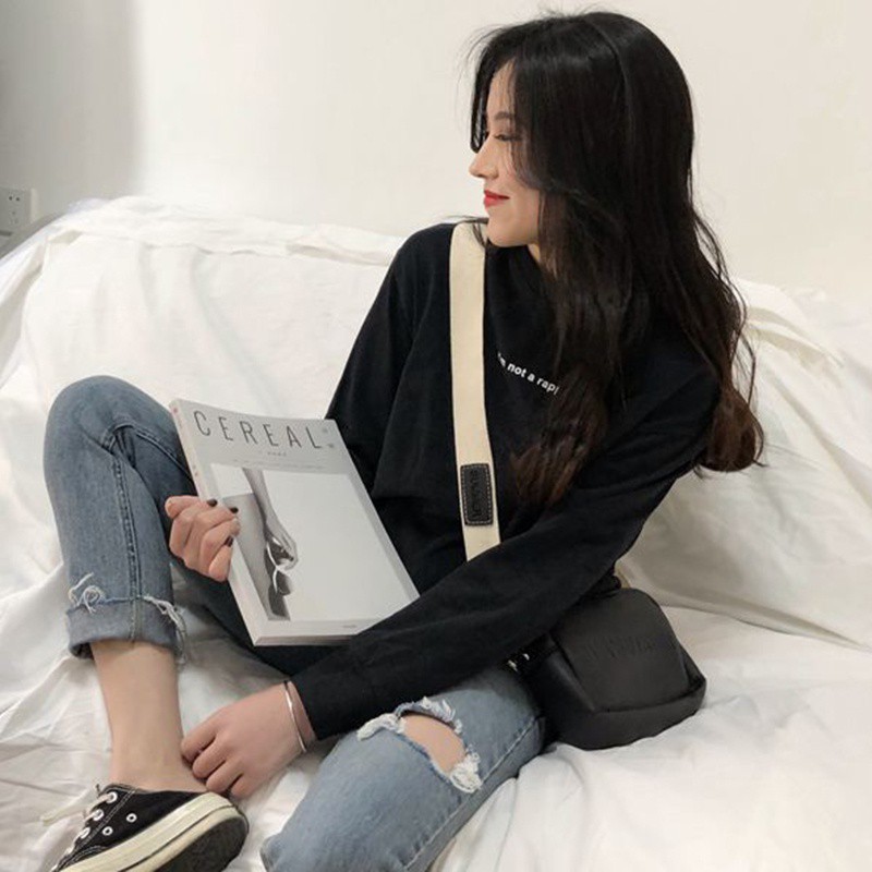 Áo thun tay dài cổ tròn hoạ tiết hoạt hình thiết kế dáng rộng thoải mái