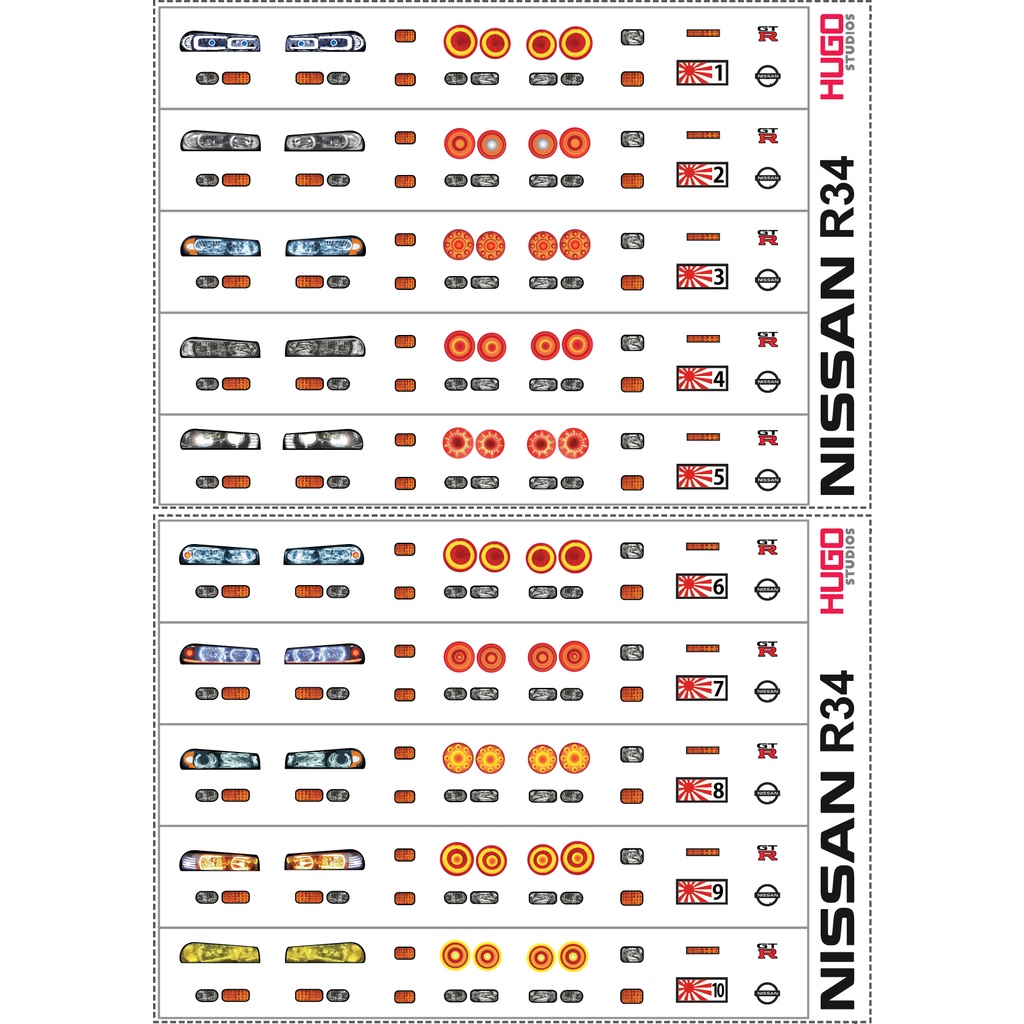 Hugo Studios Decal trượt nước đèn xe Nissan R34 tỉ lệ 1/64 chưa phủ clear