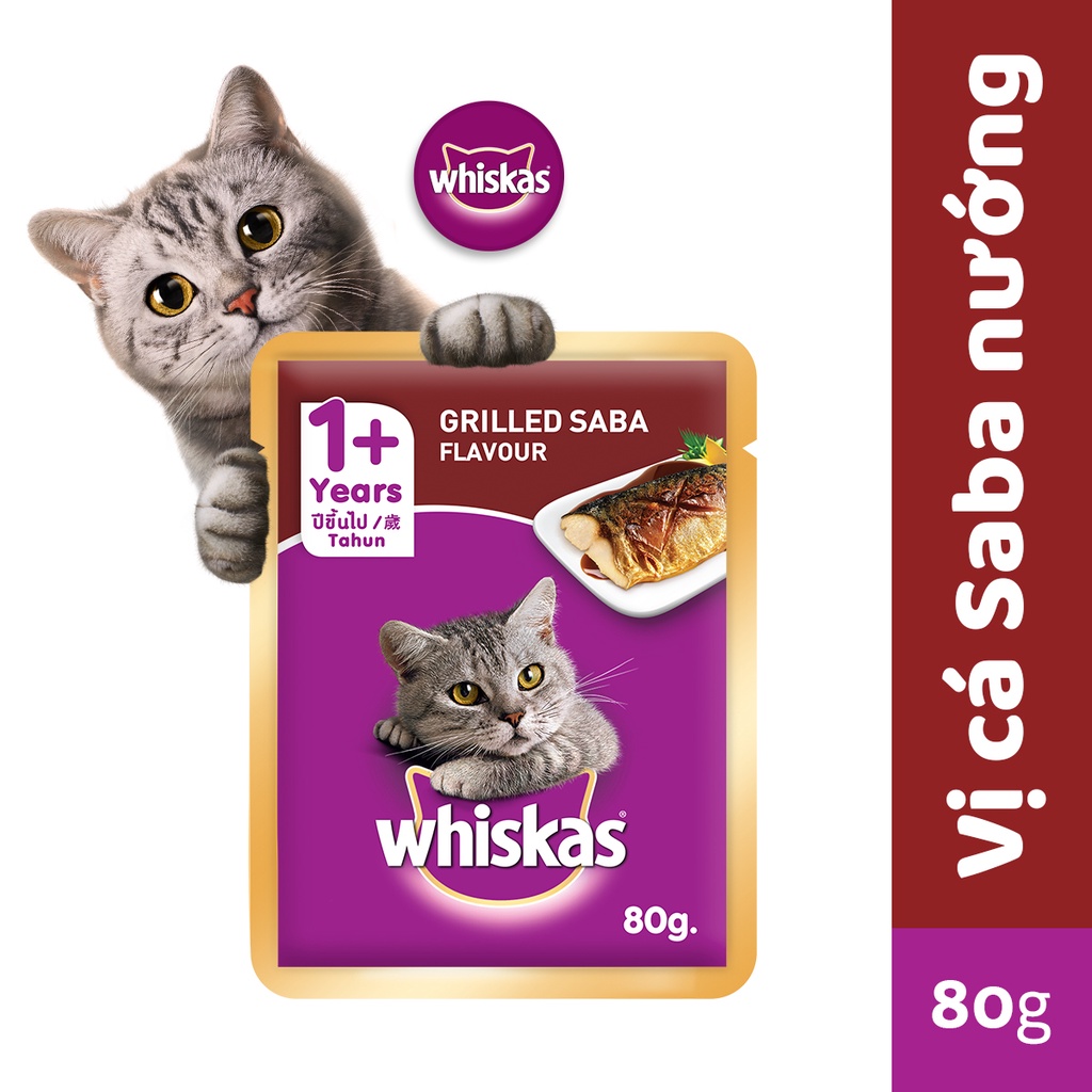 WHISKAS® Thức ăn cho mèo lớn dạng sốt vị cá saba nướng 80g (1 gói)