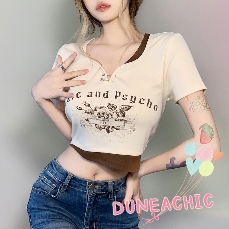 Áo Thun Tay Ngắn Dáng Rộng In Hình Hoa Hồng Màu Sắc Tương Phản Phong Cách Retro