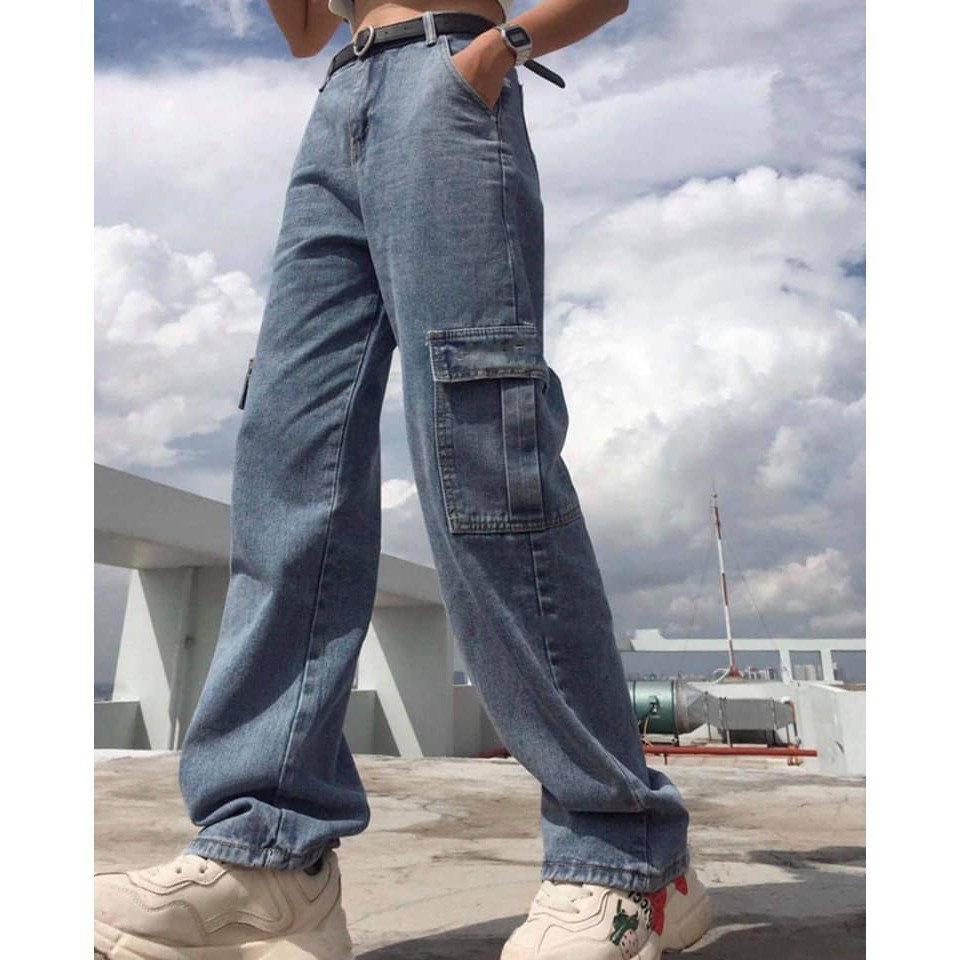 Quần jean bò túi hộp nữ - Culottes dáng suông ống rộng màu xanh nhạt cá tính ulzzang HOT | BigBuy360 - bigbuy360.vn