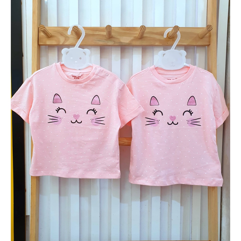 Áo cotton bé gái mèo hồng chấm trắng