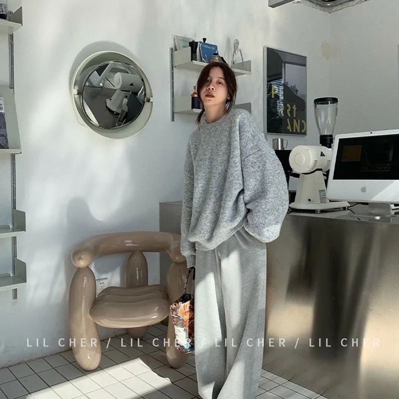 Lil CHER Áo Sweater Dệt Kim Chui Đầu Dáng Rộng Dày Dặn Màu Xám Phong Cách Hàn Quốc Thời Trang Thu Đông Thường