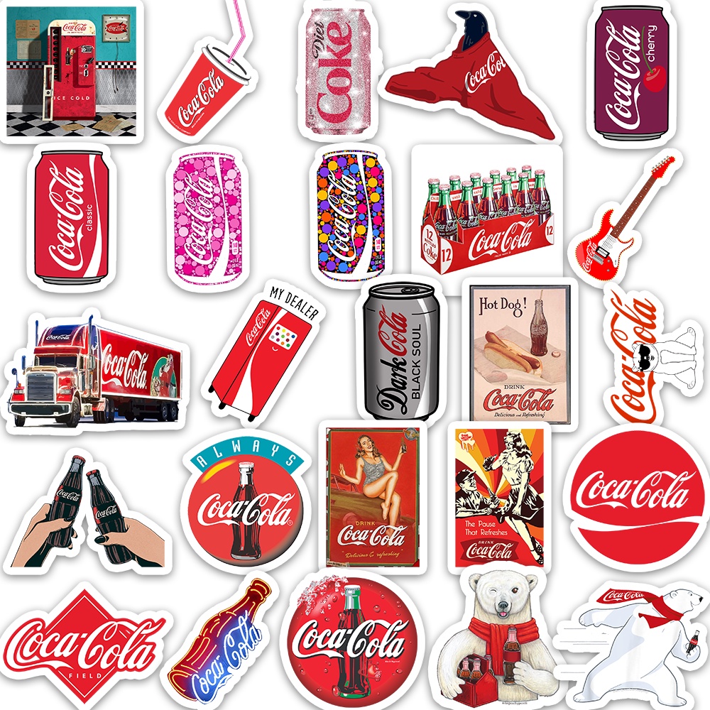 Set 50 cái Sticker Coca cola dán mũ bảo hiểm, hình dán Coca cola retro chống nước, decal nước uống trang trí