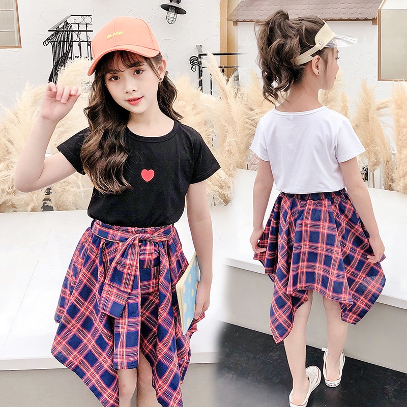 Bộ Áo Thun Tay Ngắn + Chân Váy Thời Trang Mùa Hè Phong Cách Hàn Quốc Cho Bé Gái