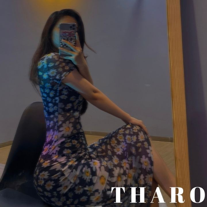 Đầm Body Tay Ngắn Phối Lưới In Họa Tiết Hoa Cúc Sexy ( Không Kèm Lót Bên Trong ) - Tharo Store