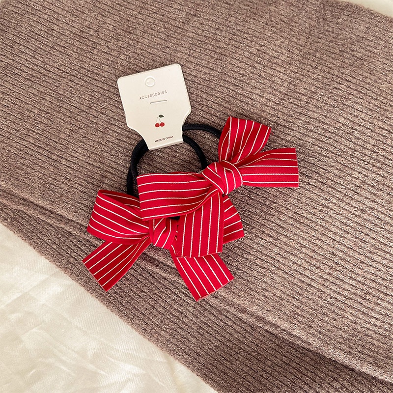 Bộ 2 dây buộc tóc đính nơ màu đỏ đơn giản phong cách Hàn Quốc