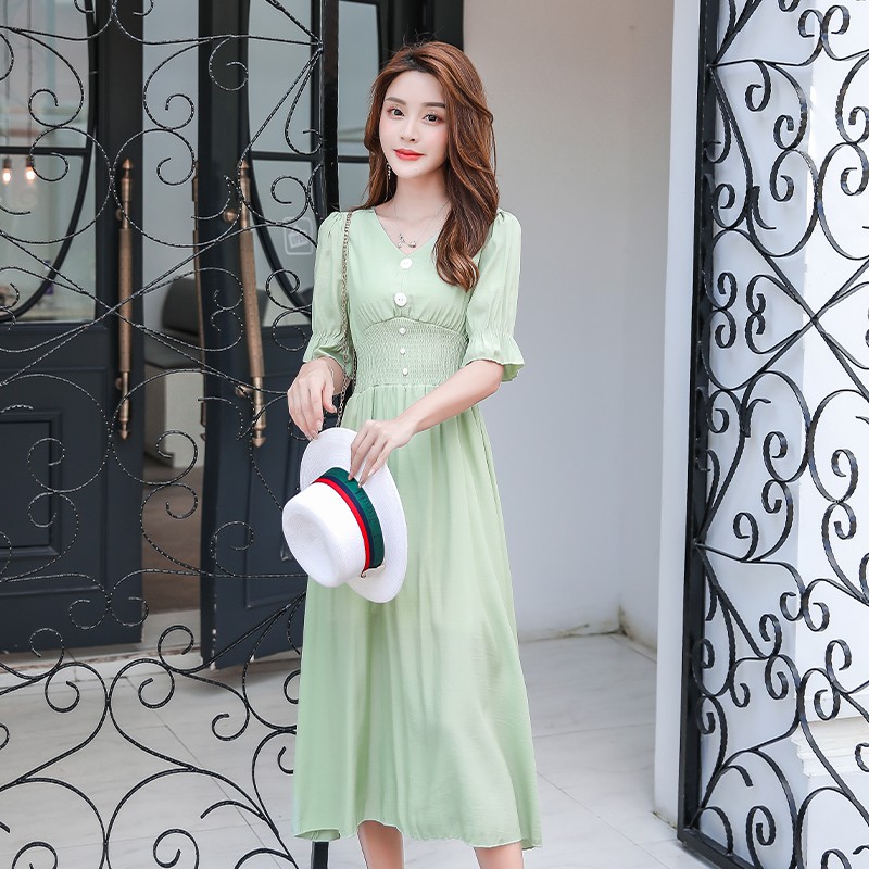 Váy liền thân cổ chữ V phong cách cổ điển kiểu Pháp, Thời Trang mùa hè 2019