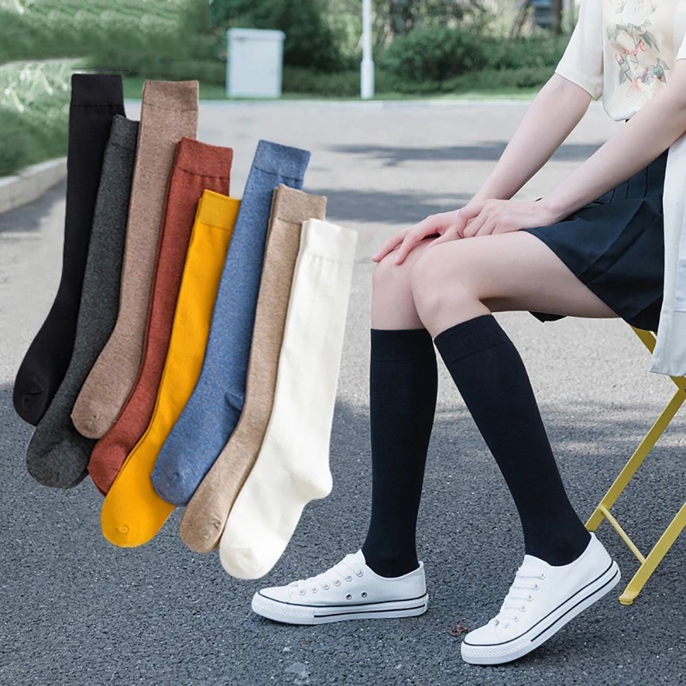 Socks Female Calf Socks Spring And Summer Solid Color Cotton Socks Knee Socks Japanese JK Stockings College Wind Over The Knee Socks Piled Socks
