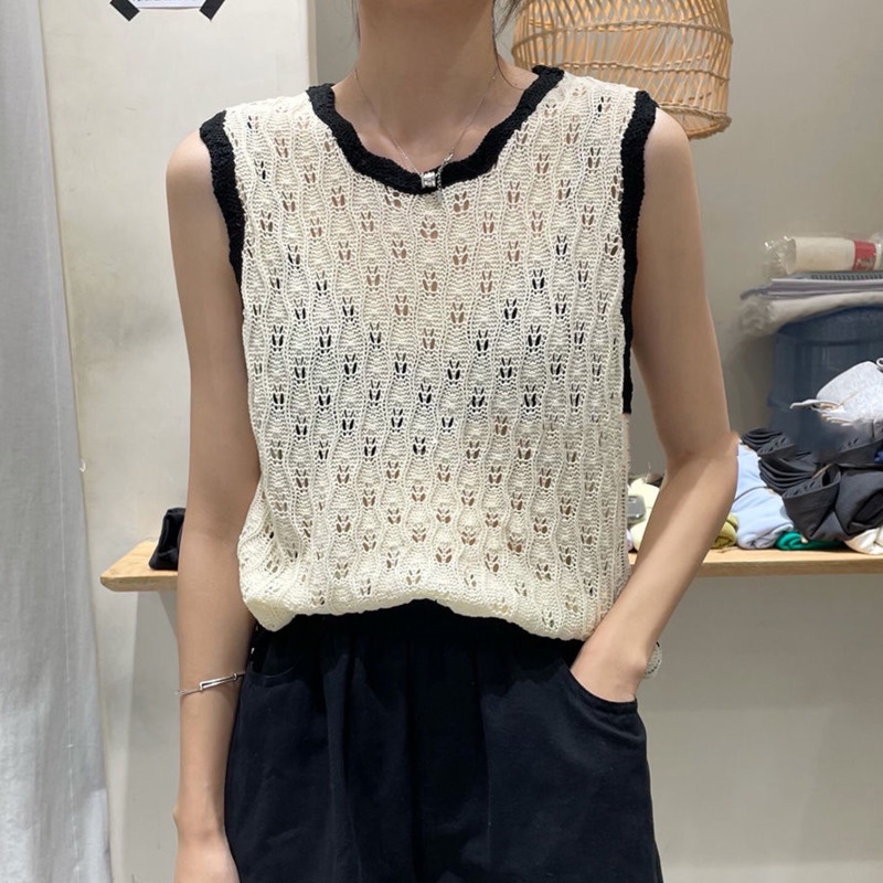 Áo Dệt Kim Sát Nách Dáng Rộng Phối Ren Màu Khối Thời Trang Mới Cho Nữ