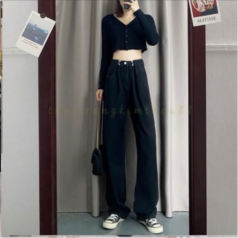 Quần jeans nữ đen trắng ống suông phom rộng cài khuy điều chỉnh eo lưng siêu cao | BigBuy360 - bigbuy360.vn