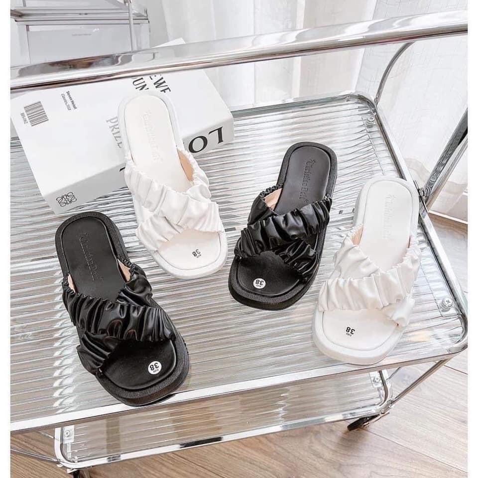 Dép bánh mì quai ngang nhún quai chéo nhún đế pu cao 3-4cm mềm êm