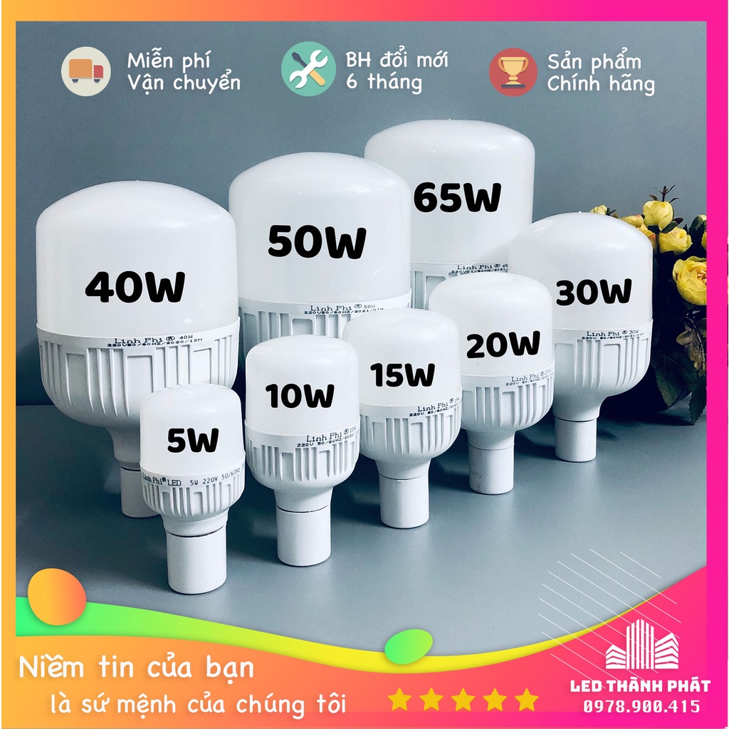 Bóng đèn LED trụ 5W 10W 15W 20W 30W 40W 50W 65W LINH PHI siêu sáng tiết kiệm điện, a/s trắng, Bảo hành đổi mới 6 tháng