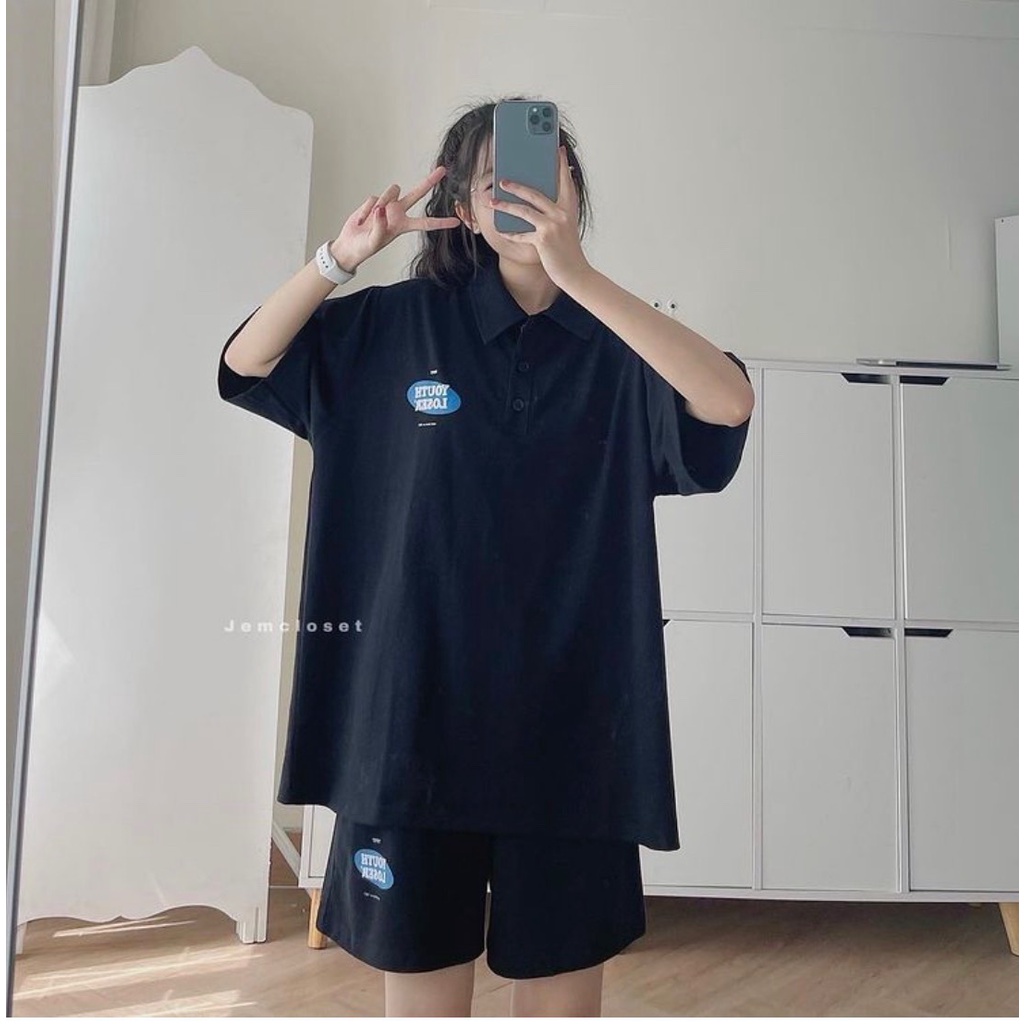 Set bộ áo polo tay lỡ logo kèm short đùi ống rộng unisex trẻ trung năng động