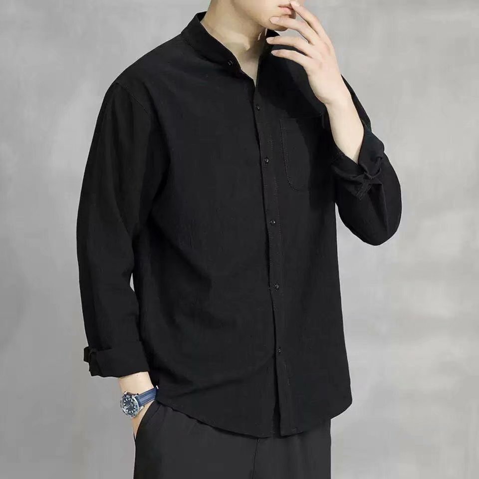 Áo Sơ Mi Tay Dài Cổ Đứng Bằng Vải Lanh Cotton Màu Trơn Phong Cách Harajuku Nhật Bản Đơn Giản